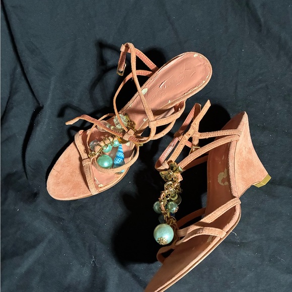 Terry Lewis Classic Luxuries Tan Heels with Beaded Charms - Picture 1 of 7